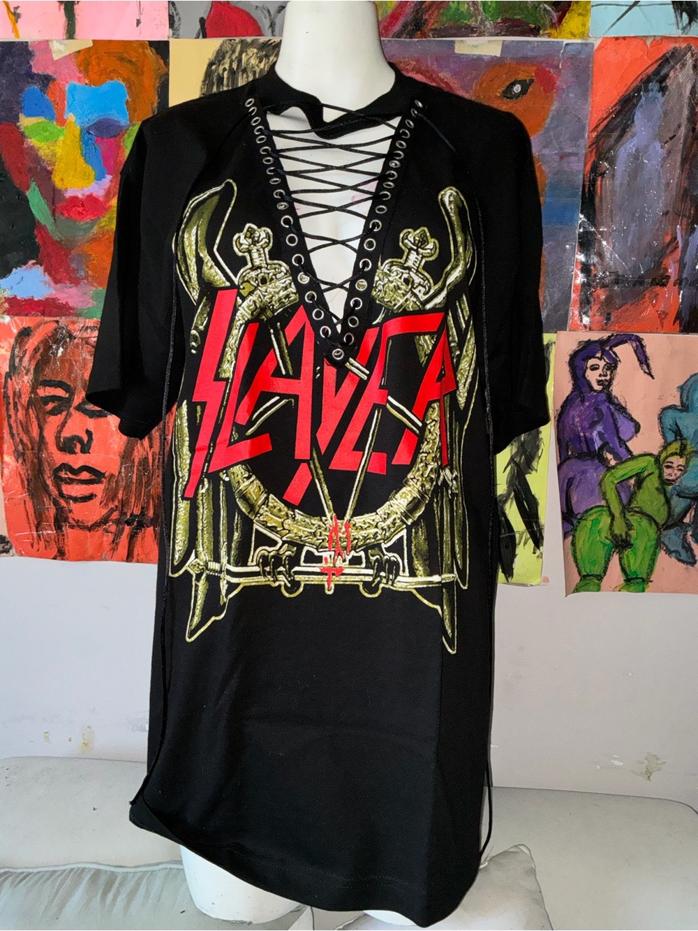 Black Lace-Up Graphic Band Tee Dress with Red & Gold Print